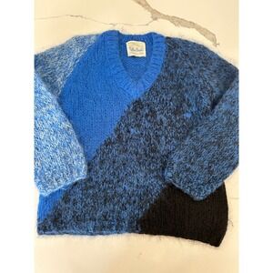 Bobbie Brooks Hand Knit Italy V Neck Colorblock Mohair Wool Blend Sweater